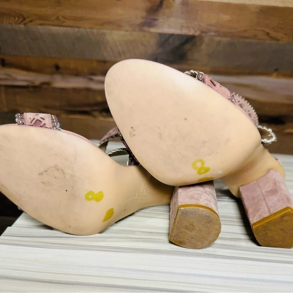 ZARA Mauve pink Laser Cut Heel studded Sandal US8 holidays suede chunky heel - Picture 4 of 5